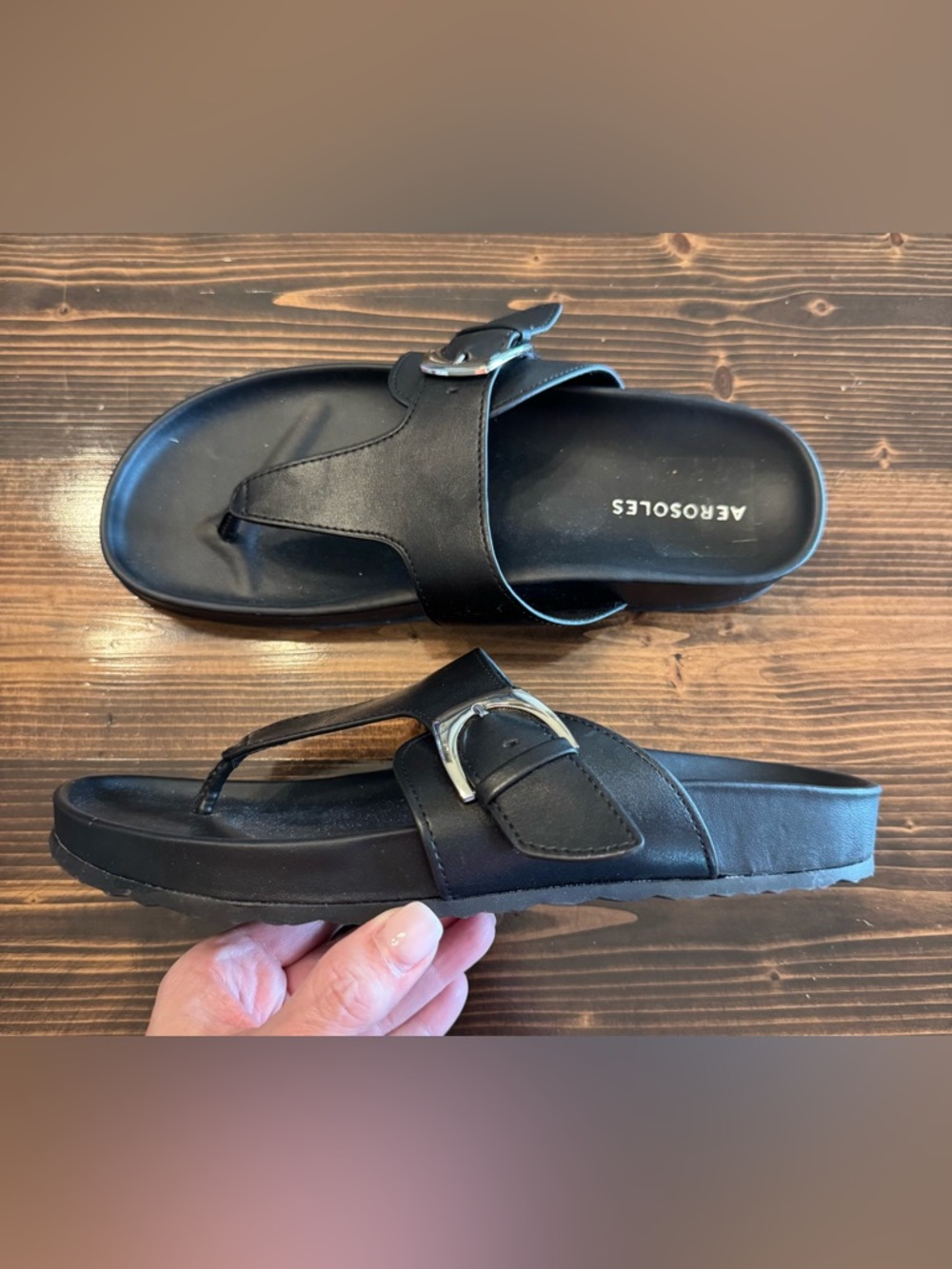 AEROSOLES “Lotti” Black Footbed Sandals with Silver Buckle‎ Size 8.5 - Picture 3 of 6